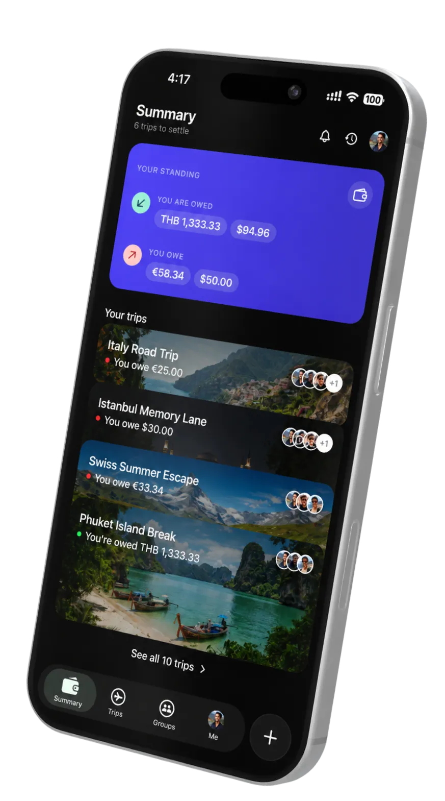 Adding an expense in TripMath by typing it as a sentence